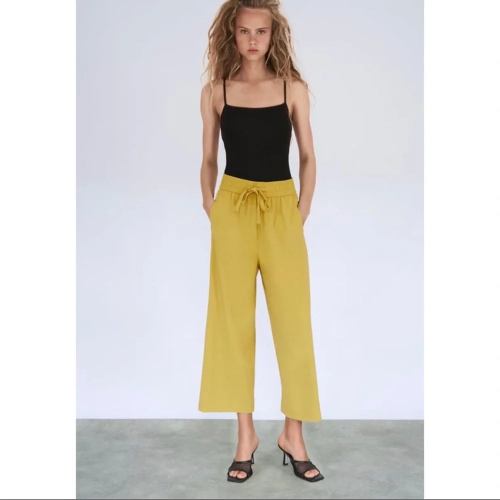 Zara Womens Satin Loose-fitting Trousers With Tie Waist Yellow - Picture 1 of 7